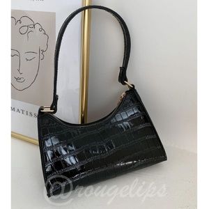 Crocodile Pattern PU Leather Black Baguette Handbag